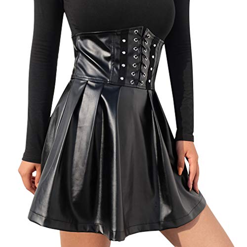 BODY CAGE Female PU Leather Skirt 2019 Waist Strap Waist Pleated Skirt Gothic Style Belt Black2