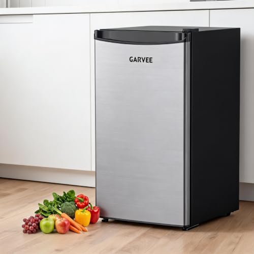 GarveeMore Mini Kühlschrank 45L mit Gefrierfach Schnelle Kühlung 5 Temperaturstufen (0-18C) 41 dB leise verstellbare Füße Gemüseschublade für Zimmer Büro Edelstahltür Energieklasse A
