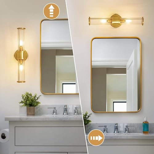 Image of Brushed Gold Wall Sconces Set of 2, Modern Bathroom Vanity Light Fixture with Clear Glass Shades, Hardwired Brass Wall Mounted Lamp for Over Mirror, Hallway, Bedroom (E12 Bulbs Not Included)