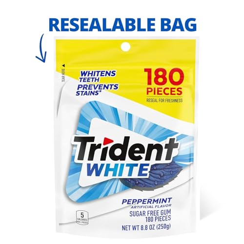 Image of Trident White Sugar-Free Chewing Gum with Xylitol, Peppermint, 180 Piece Bulk Resealable Bag (Pack of 16)