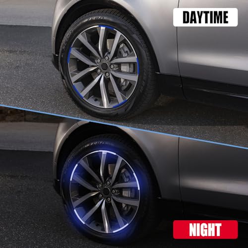 Image of 20PCS Reflective Car Wheel Decorative Stripe Stickers, Car Wheel Decals, Night Safety Warning Car Stickers, Anti-Scratch Reflective Rim Stickers Universal for Cars Motorcycles (Blue)