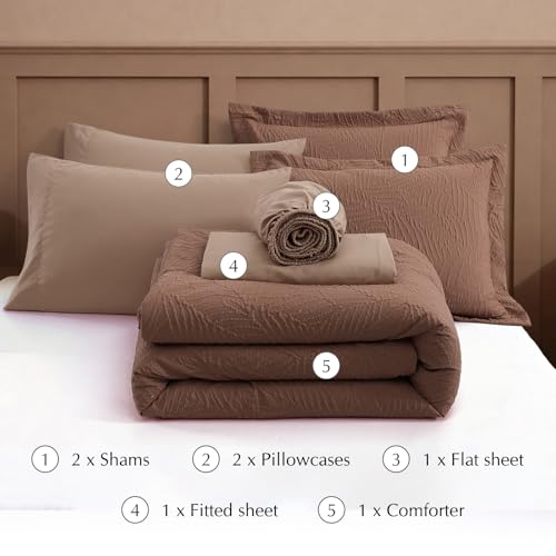 Image of King Size Comforter Set- 7 Pieces Brown Bed in a Bag King Bedding Sets | All Season Soft Botanical Textured Comforter Bed set with Sheets, Pillowcases & Shams