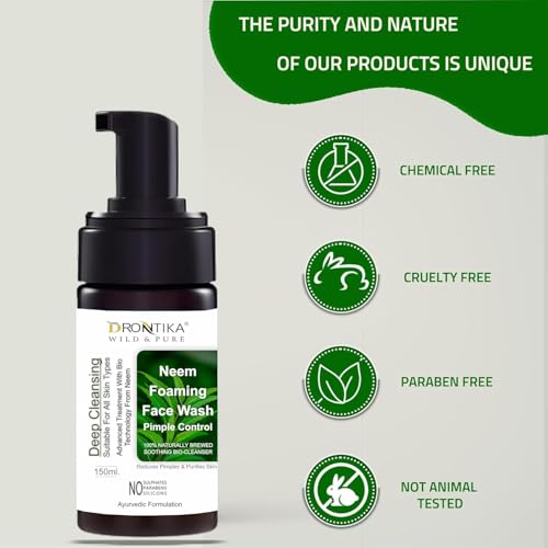 Image of Drontika Wild & Pure Purifying Neem Foaming Face Wash Reduces pimples| Purifies skin| Sulphate free face wash|Paraben Free| 150ml l Ayurvedic and Organically Pure| 100% Natural Extracts (Neem)