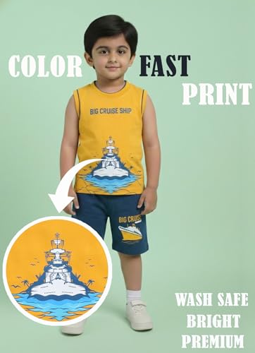 Image of Pure Cotton Sleeveless T-Shirt and Half Pant Set for Boys Kids| Kids boys tshirt and half pant set| Coordinated Set for Unisex kids| Roundneck Tees| Lightweight and Breathable