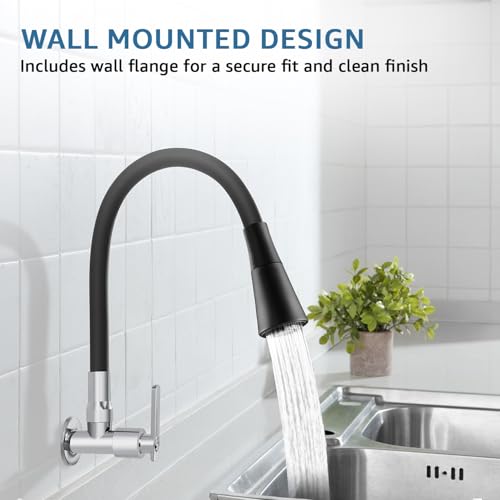Image of Amazon Basics Kitchen Sink Tap | Wall Mount | Flexible Silicone Spout | 15mm (1 /2 BSP) | Chrome Finish - Black | 54 x 10 x 2.5 cm
