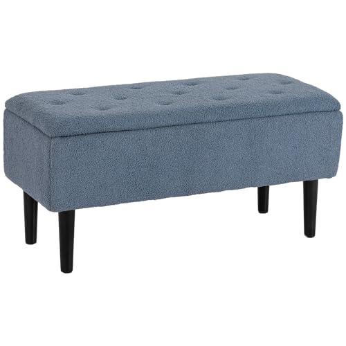HOMCOM Baúl de Almacenaje de Dormitorio Banco de Almacenamiento Capacidad 47 L con Tapa Abatible y Patas de Madera para Salón Carga 120 kg 95x38x45 cm Azul