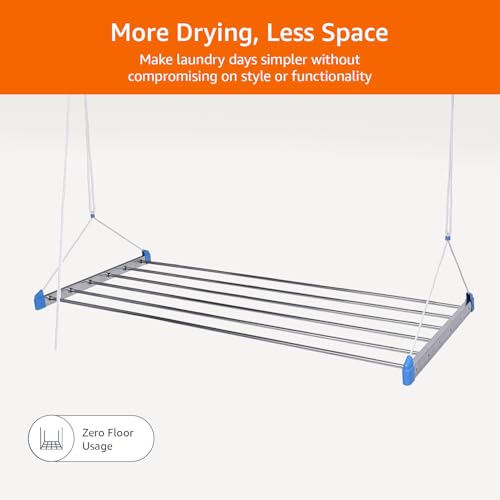 Image of Amazon Basics Stainless Steel Ceiling Cloth Dryer (Economy Model, Blue) - 6 Pipes x 6 Feet with UV-Protected Ropes & Pulley - Space-Saving Drying Stand for Balcony
