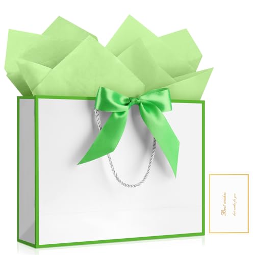Image of JMANNI Gift Bags with Handles, 13 inch Medium Gift Bag for Presents, 1 Pcs Bags with 2 Tissue Paper and 1 Cards for Baby Shower Wedding Bridal Shower Mother's Day Birthday Party (White-Green