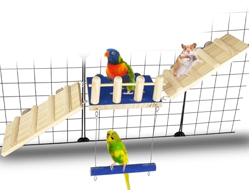 Image of FlidRunest Bird Toy, Parrot Perch Platform with Swing and Ladder, Bird Perch Paw Grinding Rough-surfaced, Wooden Climbing Exercise Stands for Parakeet, Parrot, Lovebird, Cockatiel, Hamster