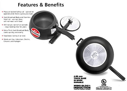 Image of Hawkins Contura Black Xt 5 Ltr Pressure Cooker With Hard Anodised 2 Pc Separater Cooker Dabba And Stand, 5 Liter