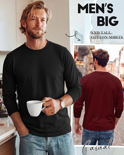 Image of August Alley 4 Pack Men's Big and Tall Cotton Shirts L-7XL, Long Sleeve Oversized Tops Loose Casual Large T-Shirts Basic Tee