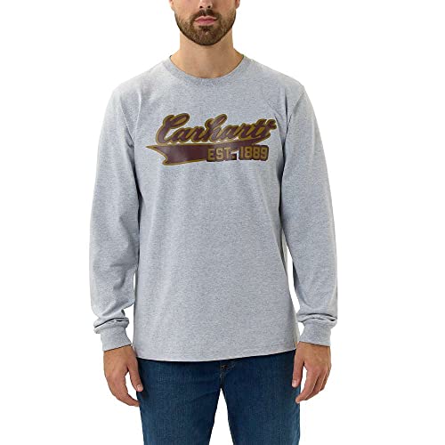 Carhartt Men's Relaxed Fit Heavyweight Long-Sleeve Script Graphic T-Shirt Work Utility, Heather Grey, M