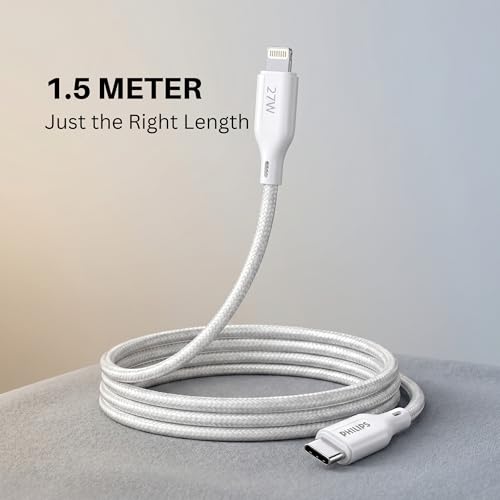Image of PHILIPS DLC4150LW /94 27W iPhone Original Type-C to Lightning Fast Charging Cable (1.5m, Bright White) | MFi Certified | 480Mbps | Nylon Braided | Compatible with iPhone & Other Lightning Devices