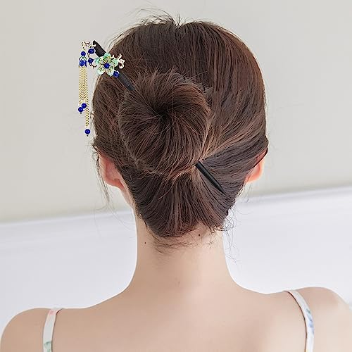 Blue Chinese Japanese Hair Stick Retro Wooden Hairpin Flower Hair Chopsticks Vintage Tassel for Women Long Hair Handmade Chignon Maker Retro Sandalwood Hair Barrettes Hair Accessories for Women Girls