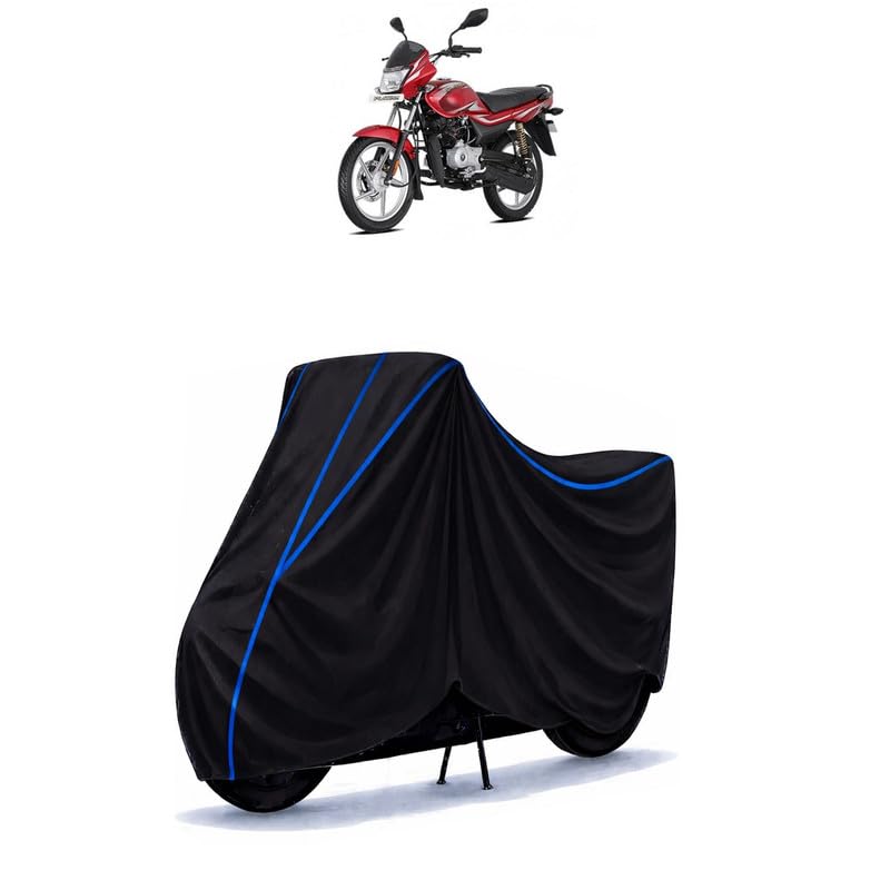 Image of Bajaj Platina 100 ES Drum Bike Cover Water Resistant Universal Motorcycle Rain | Heavy Duty UV Protection, Dust, Scratch Indoor Outdoor All Weather with Black Blue Piping Elastic