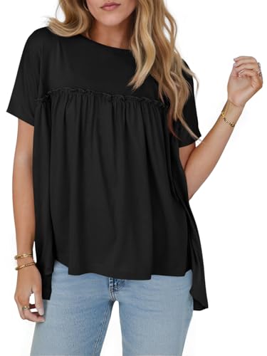 Cicy Bell Womens Summer Babydoll Tunic Tops Pleated Short Sleeve Crew Neck Peplum T Shirts Casual Loose Fit Outfits Black