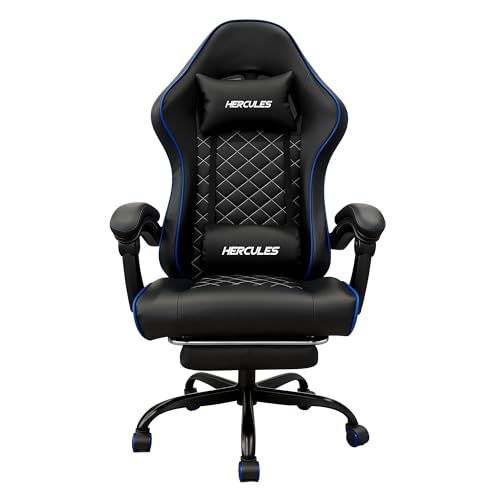 HERCULES ゲーミングチェア 高級PUレザー  リクライニング90-130度 フットレスト付き 昇降アームレスト ヘッド＆腰サポート ブラック