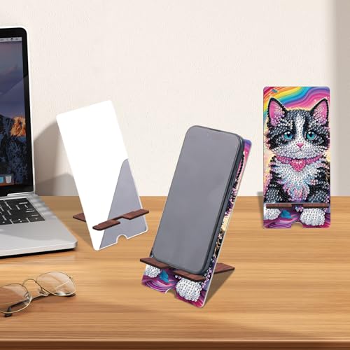 Image of Cute Cat Diamond Painting Phone Stand with Mirror, DIY Wooden Diamond Art Desktop Holder, 2-in-1 Multi-Functional Diamond Painting Tabletop Ornament for Home and Office