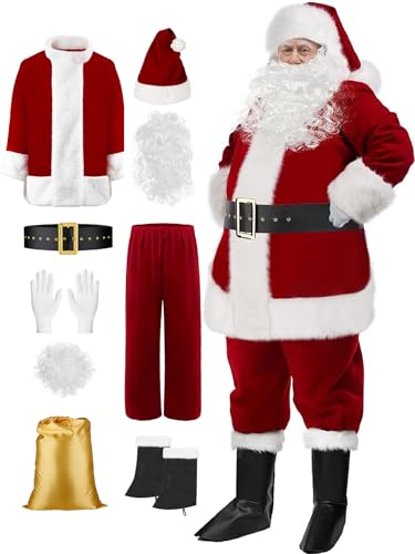 SOMOYA Santa Claus Costume for Men Christmas Santa Suit Deluxe Santa Outfit Plush Velvet Big Tall Plus Size 9 Pcs (X-Large Burgundy)
