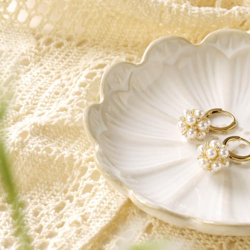 Image of Lotus Ring Holder Dish Small Indoor Ash Tray, Ceramic Dessert Plate Trinket Jewelry Holder Organizing Necklace Earrings for Parents Friends Sister, White. All Jewelries Are NOT Included.