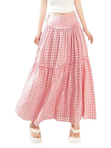 utcoco Womens Retro Plaid High Waist Patchwork Pleated A-line Skirt Cute Pink Checkered Long Skirts
