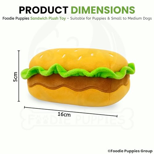 Image of Foodie Puppies Dog Squeaky Plush Toy - (Sandwich) | Durable, Bite-Resistant & Soft Stuffed Chew Toy | Safe, Fun & Interactive for Playtime, Dental Exercise & Teething for Small to Medium Dogs (5cm)