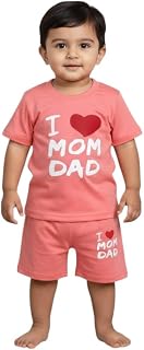 MADABOO Baby Boys Cotton Co-Ord Set | I Love Mom Dad Printed T-Shirt & Shorts Set | Soft Summer Wear Outfit for Toddlers Price In India