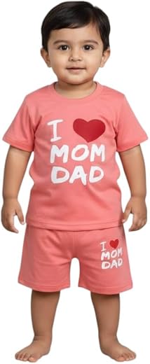 MADABOO Baby Boys Cotton Co-Ord Set | I Love Mom Dad Printed T-Shirt &amp; Shorts Set | Soft Summer Wear Outfit for Toddlers
