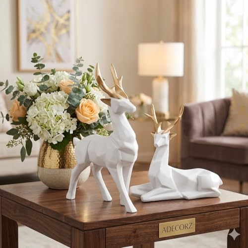 Image of Geometric Resin Deer Sculpture Set of 2, White with Gold Antlers, Resin, 12.3 x 6.5 cm, Home Decor Figurines | Standing & Sitting Deer Pair | Creative Showpiece for Gift | Handcrafted