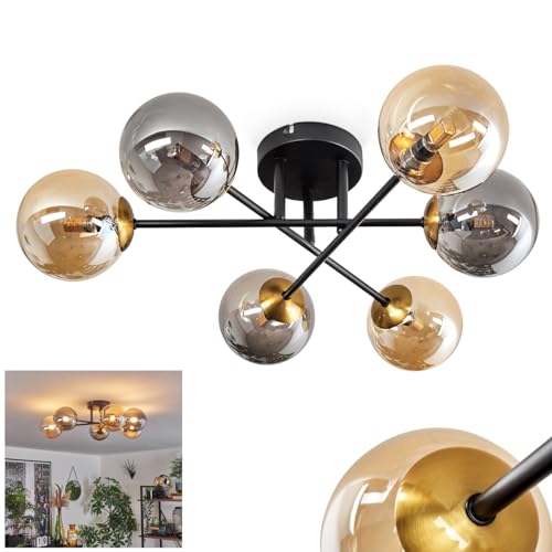 Image of Chehalis Ceiling Light, Ceiling lamp Made of Metal/Glass in Black/Gold/Amber/Smoke Colour, luminaire in Modern Retro/Vintage Design with Glass Shades (Ø 12cm), 6 x G9, Without Bulbs