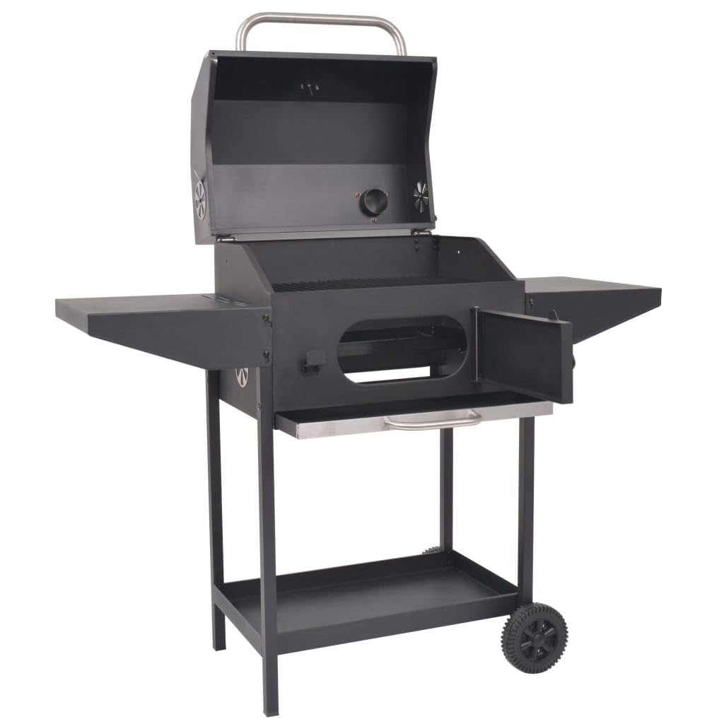 vidaXL BBQ Charcoal Smoker, Robust Heavy-duty Construction, Excellent Heat-retention, Integrated Hood Thermometer, with Side Tables and Bottom Shelf, Easy to Move, Black
