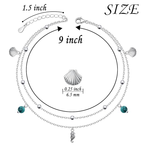 Image of Ladytree S925 Sterling Silver Boho Beach Double Layer Anklets Bracelet for Women Adjustable 9 to 11 inches