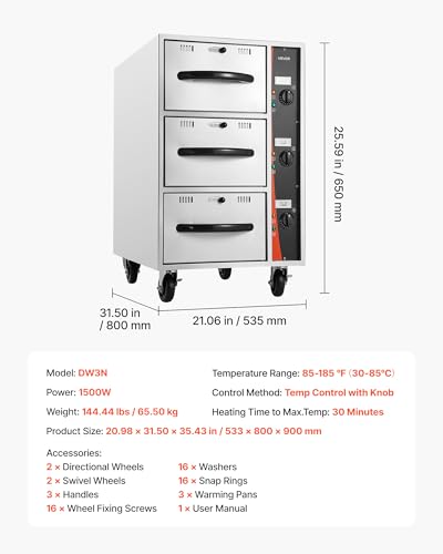 Image of VEVOR Commercial Electric Drawer Warmer, Three-Drawer Stainless Steel Food Warmer, Freestanding Compact Warming Drawer Cabinet, 85F-185F Wide Temperature Range, for Restaurant, Hotel Buffet & Bakery
