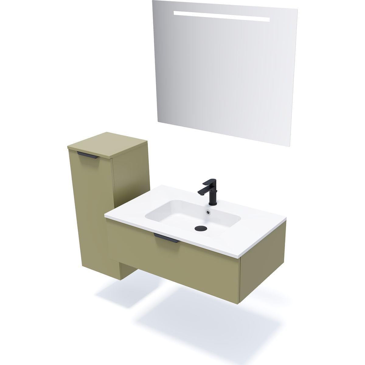 HOMIFAB Meuble de Salle de Bain Suspendu Vasque intégrée 90cm 1 tiroir Vert Olive - Soho