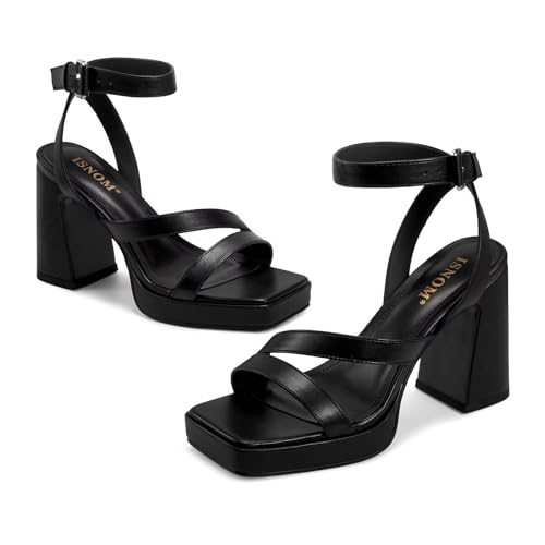ISNOM Platform Chunky Heels for Women Square Open Toe Strappy Heels Ankle Strap Heeled Sandals Comfort Dress Party Shoes2