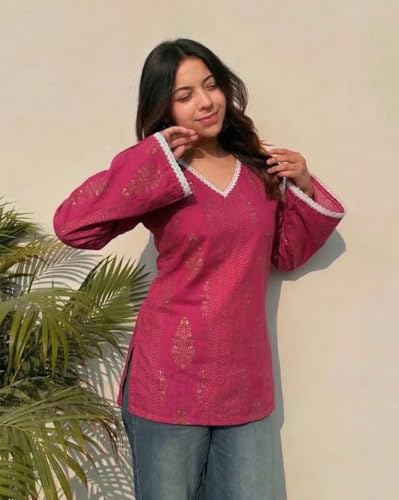 Image of ANNI Designer Short Kurti for Women Printed Design | V Neck Full Sleeve Kurti Tops for Women | Stylish Kurtis & Short Kurtis for Woman | Kurti with Jeans Casual Wear | Kurtas for Woman