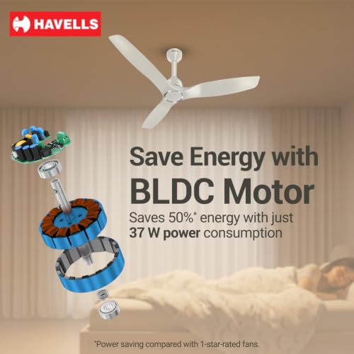 Image of Havells Stealth Slim BLDC 1200 mm Ceiling Fan | Remote Controlled, High Air Delivery Fan | 5 Star Rated, Upto 50% Energy Saving, Reverse Rotation, 2 Year Brand Warranty | (Pack of 1, Oatmeal)