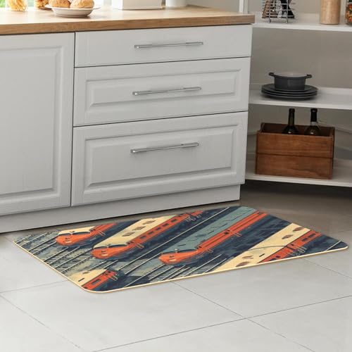 Alfombrillas de cocina vintage lavables y absorbentes con diseño de tren 7