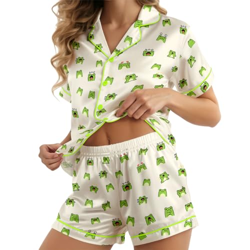 Image of HUNTFAMI Womens Soft Silky Satin Pajamas Set, 2 Pcs Sleep Short Pajamas for Mom and Grandma Button Down Summer Loungewear