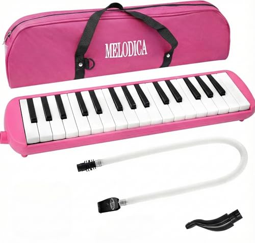 Image of PERLMAN 32 Keys Melodica Instrument, Soprano Melodica for Kids Air Piano Keyboard Pianica with Soft Long Tubes, 1 Short Mouthpiece and Carrying Bag (Pink)