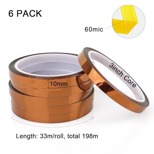 Image of BOMEI PACK 6Pack 10mm x 108ft Polyimide Tape High-Temperature Resistant, No Residue Heat-Resistant Tape for Electric Task, 3D Printing, Soldering, Sublimation, Masking