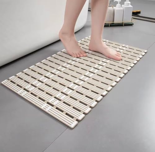 Image of HomeCloud Non-Slip Shower Mat for Bathtub, Anti-Slip Bath Mat with Suction Cups, Drainage Holes & Foot Massage Exfoliating Surface (Vent White Beige)