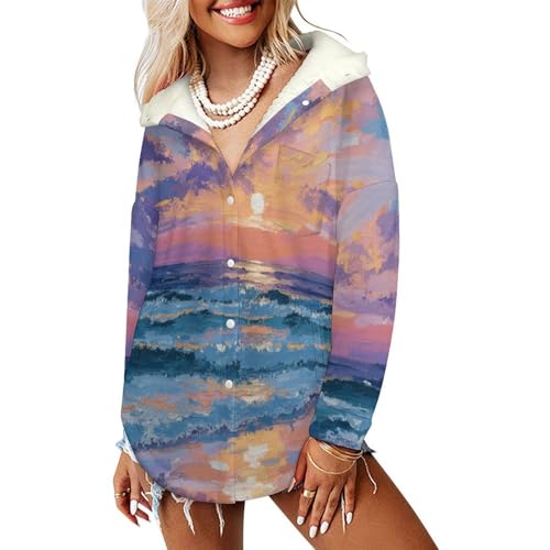 Sweatshirt manches longues femme veste peluche chaude paysage abstrait bleu