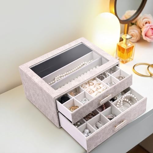 Image of BucketList Premium PU Leather Jewellery Organizer Box with Glass Lid | 2 Pull-Out Drawers Multi-Compartment Storage for Rings, Earrings, Necklaces & Bracelets (2-Layer Jewelry Box (White))
