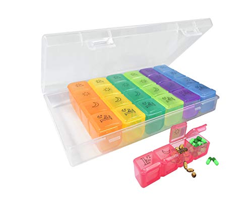 Pastillero Semanal 7 días Organizador de Pastillas Diario Grandes 28 Compartimentos Pill Box BPA gratis Organizador de Medicamentos para la medicación,Vitamina,Suplementos de aceites de pescado Cover