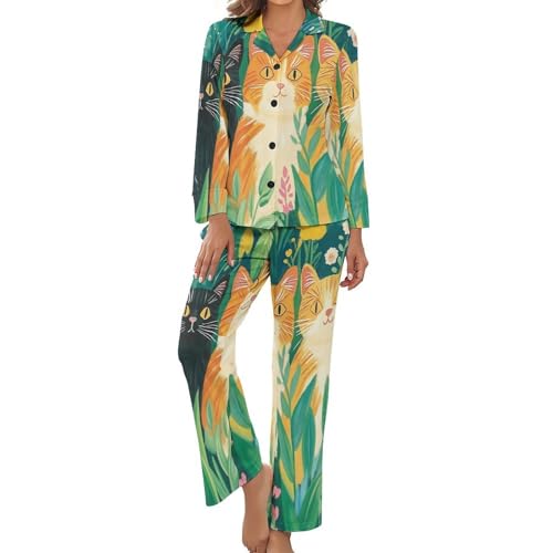 Pyjama femme 2 pièces grand taille motif chat et fleurs
