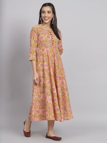 Image of Rapsodia Womens Cotton Green & Brown Floral Printed Flared Kurta