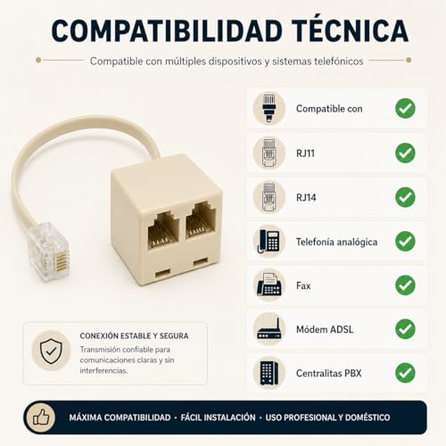 Miniatura 5 de Cablepelado Bifurcador De Telefono 6p4c Rj11 Macho A Doble Rj11 Adaptador Con Cable - Beige