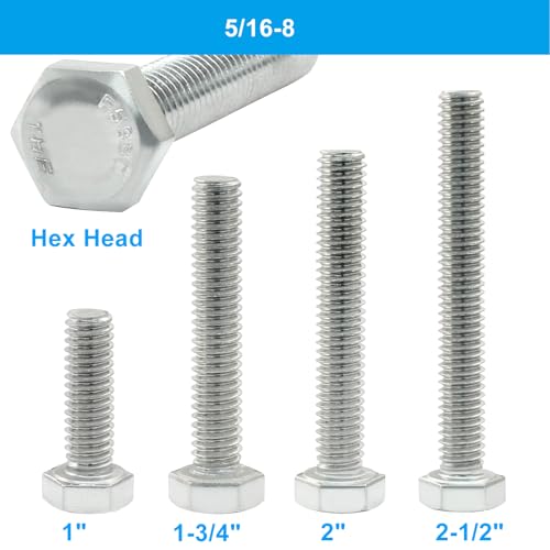 Image of 5 /16-18 x 1 Hex Head Screw Blot 304 Stainless Steel Hex Bolts, Steel Fully Threaded Hex Tap Bolts Fastener Silver 15Pcs