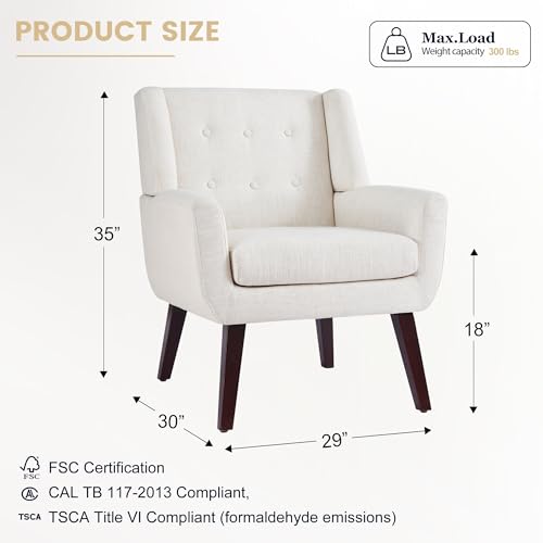 HUIMO Upholstered Accent Chairs Set of 2,Button-Tufted Reading Comfy Living Room Chair with Wooden Legs,Mid Century Modern Chair with Linen Fabric,Club Chair Comfy Arm Chairs for Bedroom,Beige - Image 3